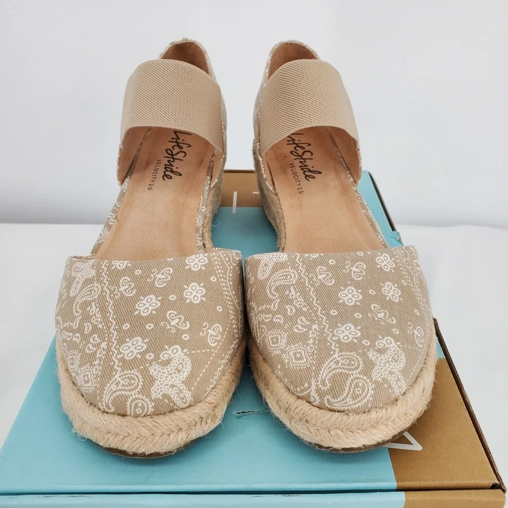 LifeStride Kaylee Khaki Paisley Espadrille Wedge Sandals Womens 9.5 M Round Toe
